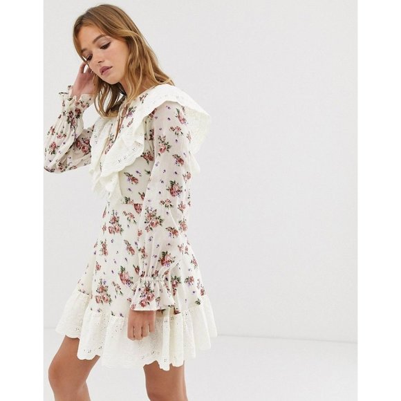 ASOS DESIGN Long-Sleeve Floral Eyelet Ruffle Dress